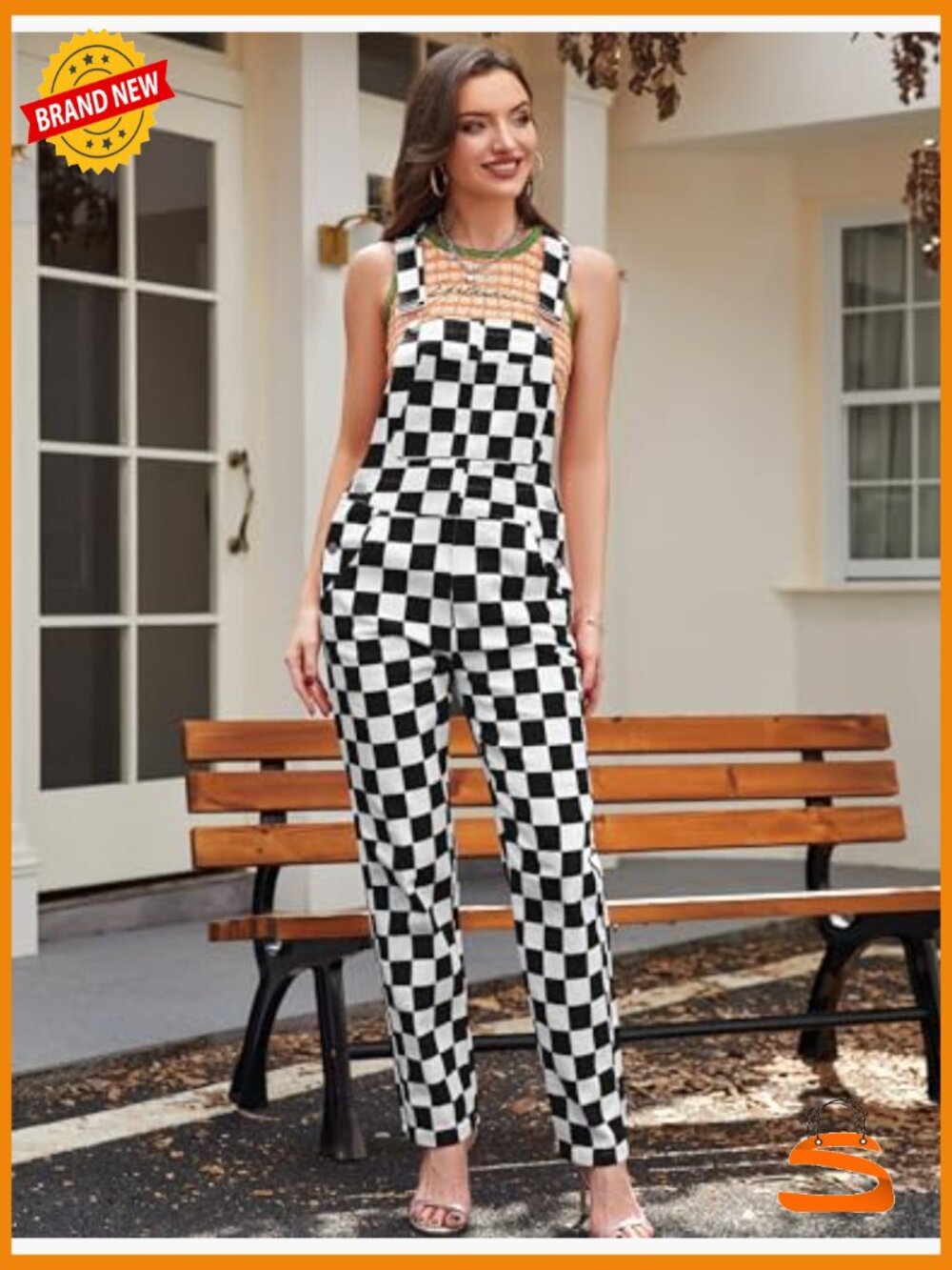 Overalls for Women Checkered Jumpsuit Stretchy Romper Plaid Bib Coveralls - Picture 3 of 7